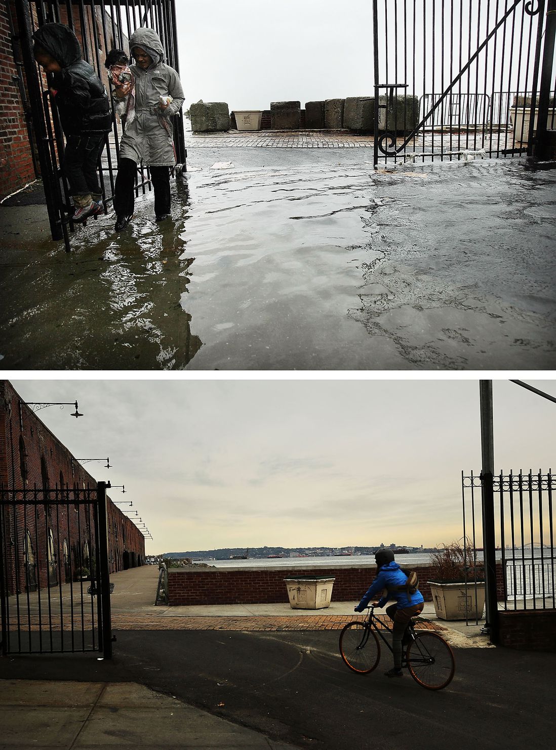 [Top]  A woman and child walk through water on a flooded street as Hurricane Sandy moved closer to the area on October 29, 2012 in the Red Hook section of the Brooklyn borough of New York City. [Bottom A person rides a bike there on October 23, 2013.